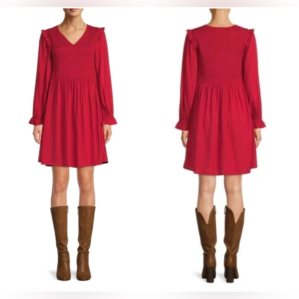 Beach Lunch Lounge Long Sleeve Smocked Babydoll Red A-line Dress V-neck Boho XXL